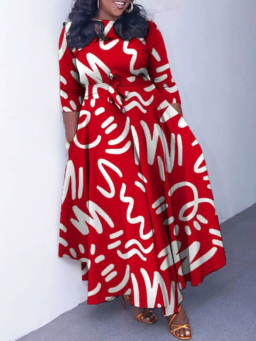 Spring Elegant Print Tie Flared Plus Size Dress